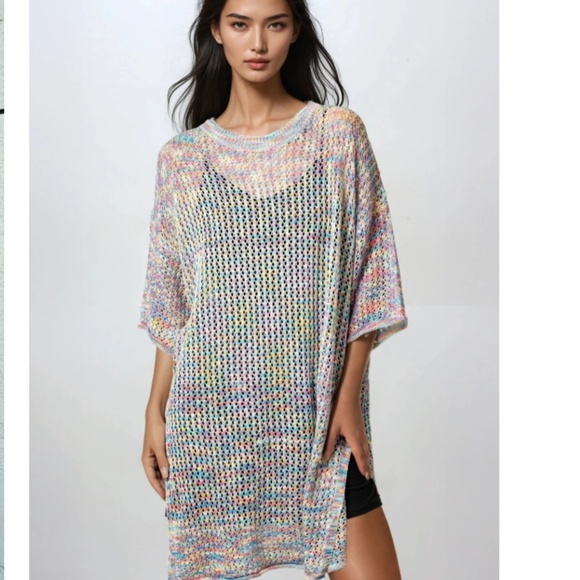 NWT KATE HEWKO Multicolour Crochet Sheer Tee with Side Slits- One Size Fits Most - Picture 3 of 16